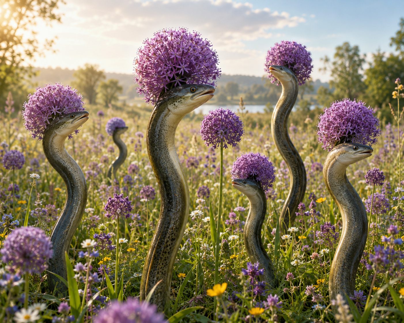 Aale mit Allium-Blüten als Köpfe, die im Abendlicht durch eine Wildblumenwiese ragen
